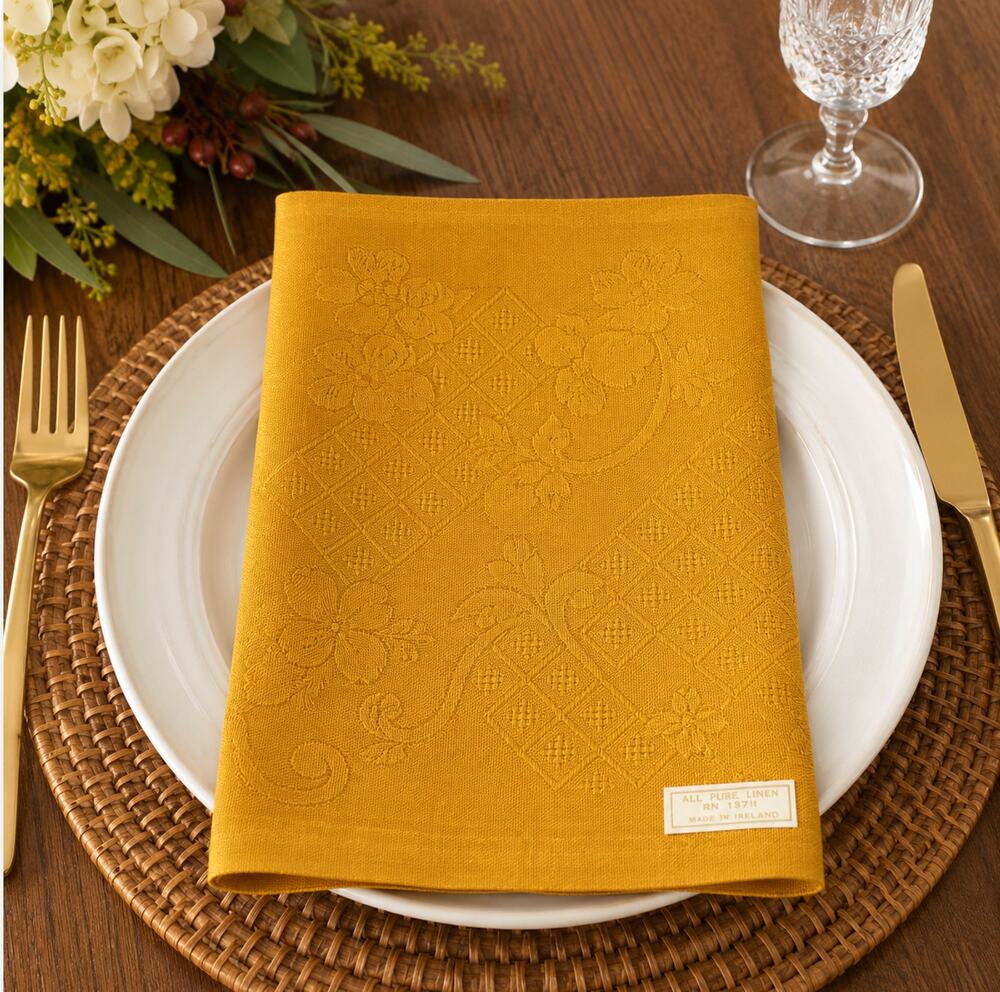 Two Vintage Irish Linen Damask Napkins Mustard Floral Jacquard Made in Ireland